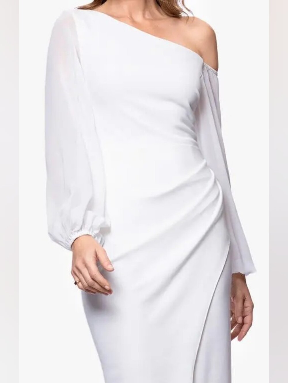 Betsy & Adam Long Sleeve Asymmetrical Ruched Sheath Dress 10P Wedding Formal - Picture 4 of 11